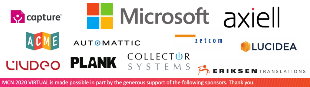 MCN2020 VIRTUAL Sponsors banner: Microsoft, Axiell, capture, acme, automattic, zetcom, lucidea, livdeo, plank, collector systems, eriksen translations