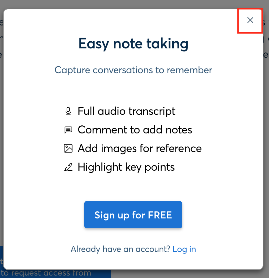 A screenshot of the Modal window that says Easy not taking with the X in the upper right highlighted.