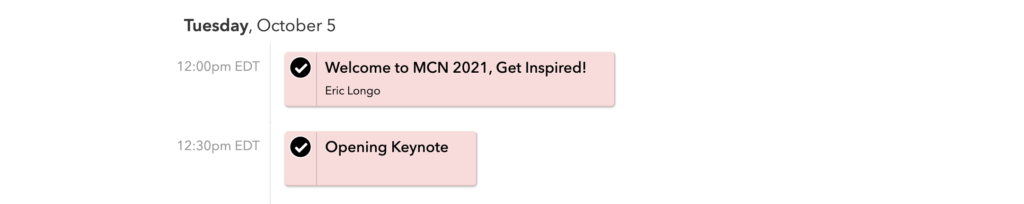 Screenshot showing program schedule on Tuesday, October 5 with radio buttons checked next to the Welcome session and the Opening Keynote.